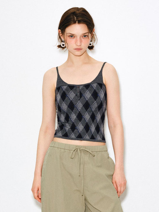 Textured Argyle Knit Sleeveless Front Button Tank Top