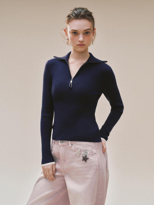 Ribbed Fitted Half Zip Long Sleeve Sweater