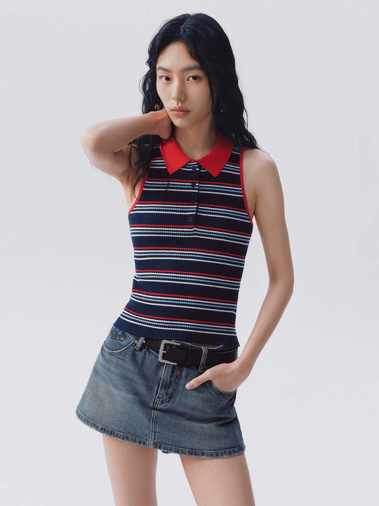Striped Knit Polo Top