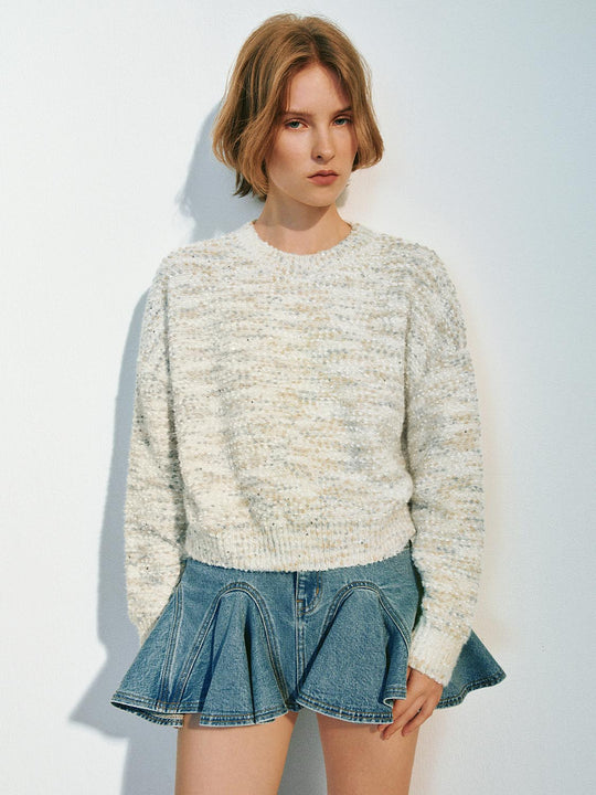 Knitted Textured Ribbed Hem Crew Neck Long Sleeve Sweater