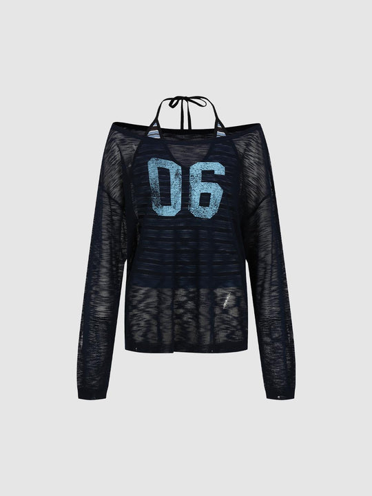 Number Print Sheer Halter Long Sleeve Knit T-shirt