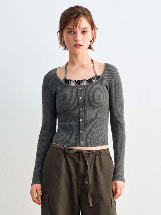 Fitted Ribbed Ruffled Button Front Long Sleeve Sweater