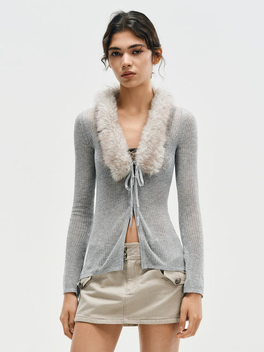 Fitted Ribbed Long Sleeve Fake Fur Collar Tie Front Cardigan