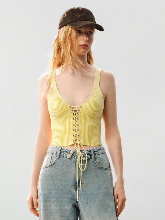 Ribbed Lace-up Sleeveless Cotton Cami Top