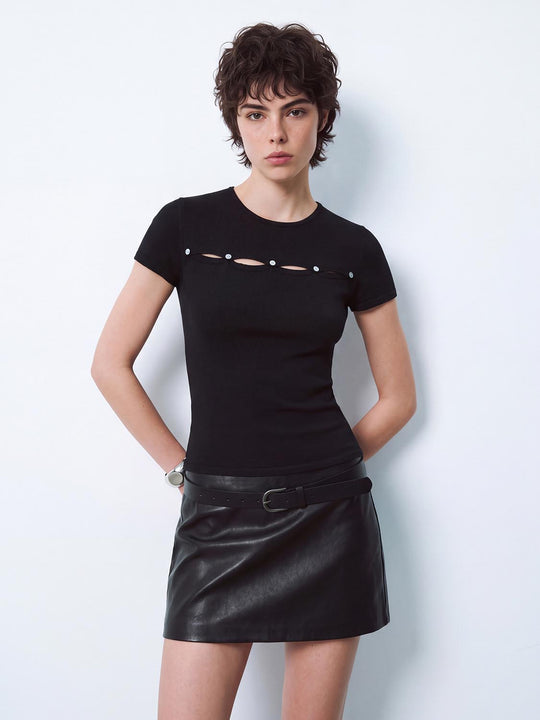 Knitted Crew Neck Short Sleeve Cutout T-Shirt