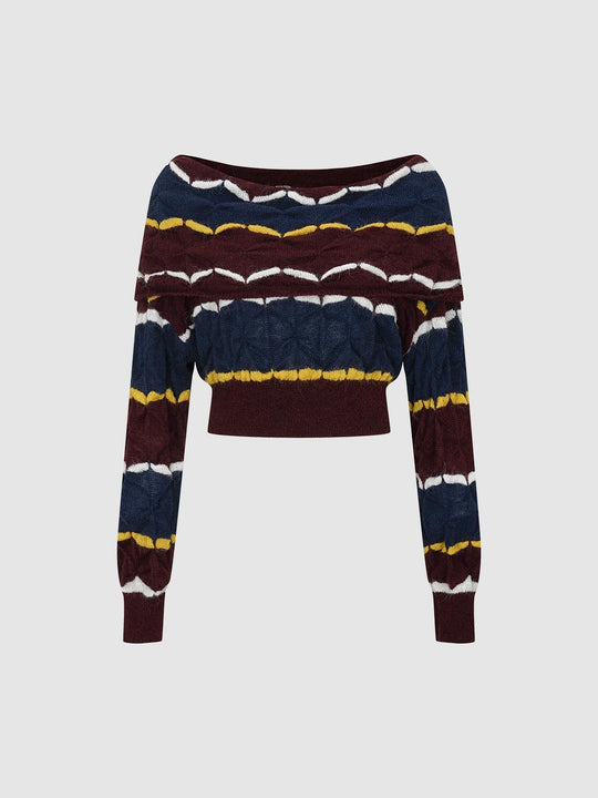 Cropped Striped Textured Long Sleeve Knit Sweater