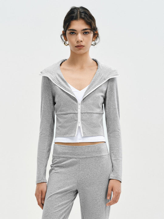 Grey Cropped Zip Up Hoodie Cotton Blend