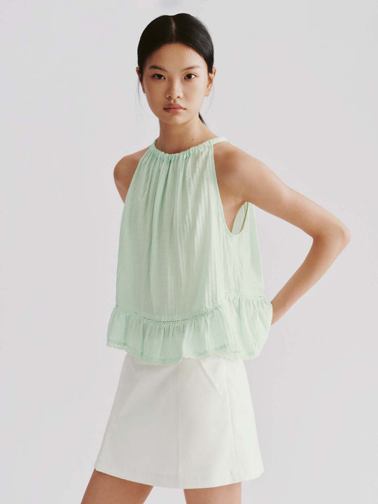 Lace Detail Ruffle Trim Sleeveless Shirts
