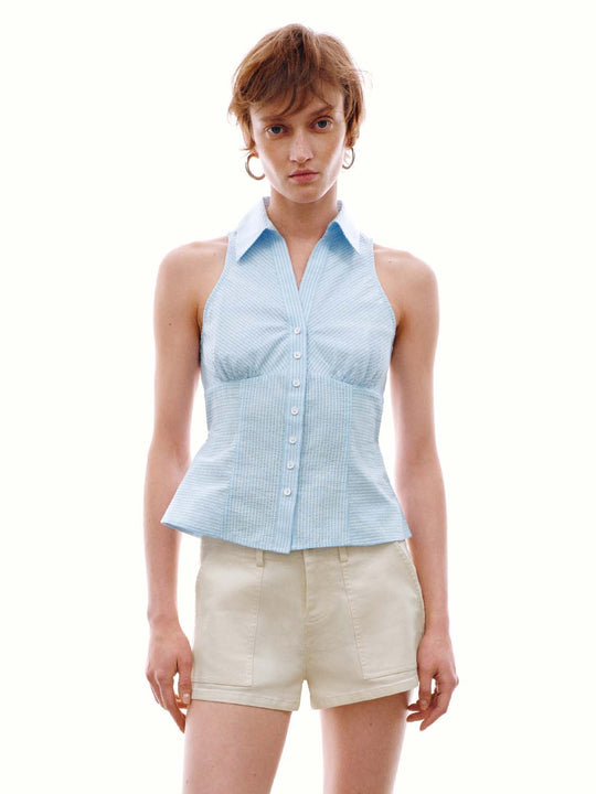 Contrast Striped Seamed Skinny-Fit Sleeveless Shirts