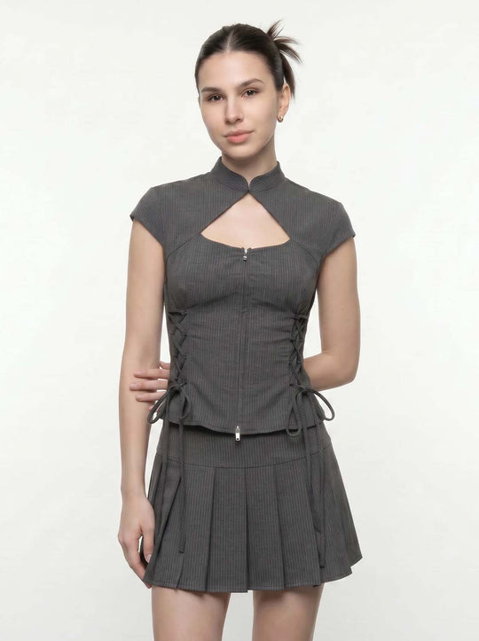 Lace-Up Cutout Chest Zipper Front Slim-Fit Premium Poly Blend Shirts