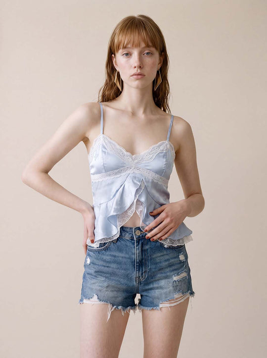 Lace Trim Ruffle V-Neck Camisole