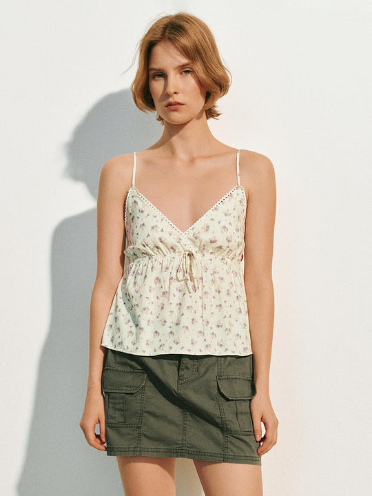 Floral Lace Trim Tie Front Cotton Camisole