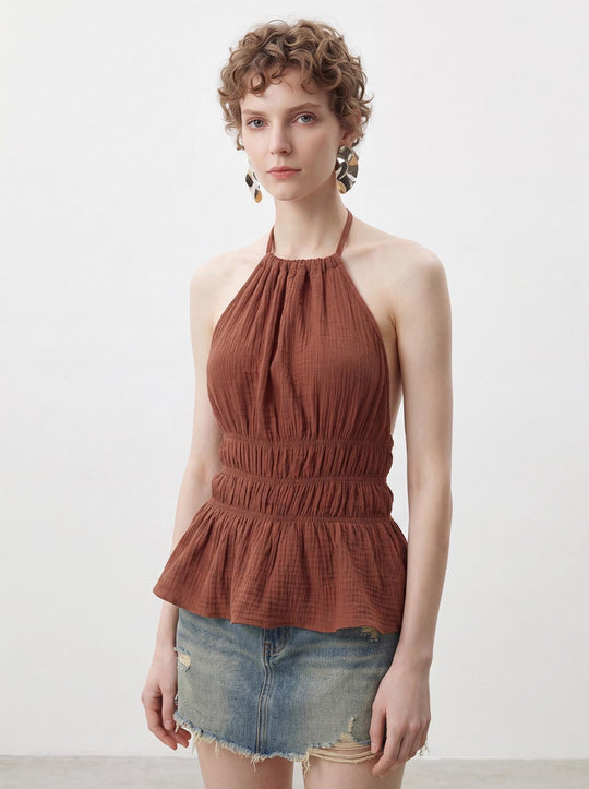 Halter Neck Smocked Waist Peplum Cotton Cami Top
