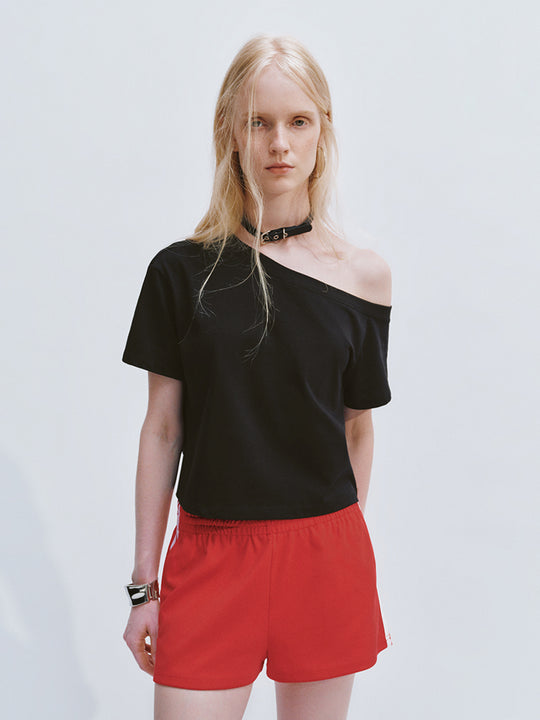One-Shoulder Cropped Relaxed Silhouette Cotton T-Shirt
