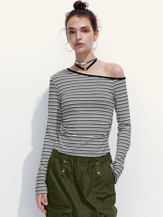 One Shoulder Long Sleeve Stripped T-Shirts