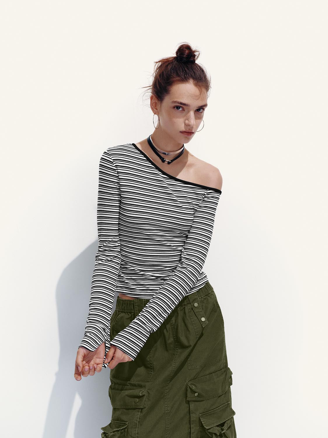 One Shoulder Long Sleeve Stripped T-Shirts