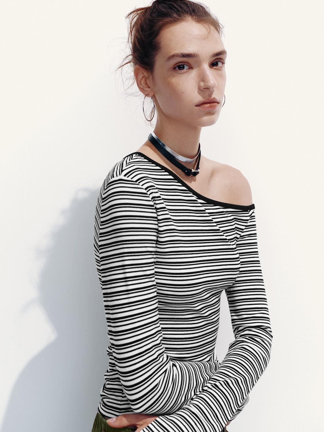 One Shoulder Long Sleeve Stripped T-Shirts