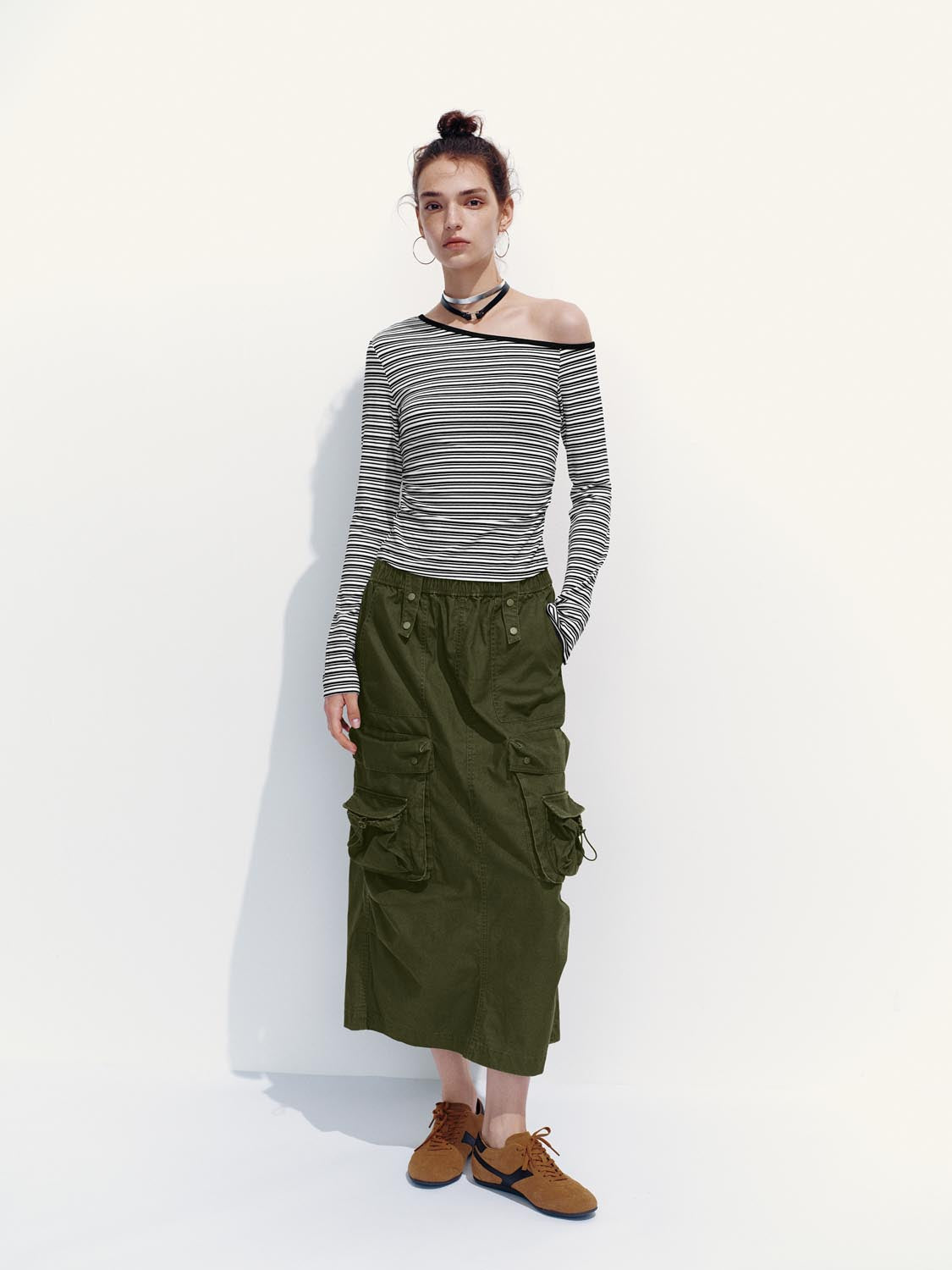 One Shoulder Long Sleeve Stripped T-Shirts