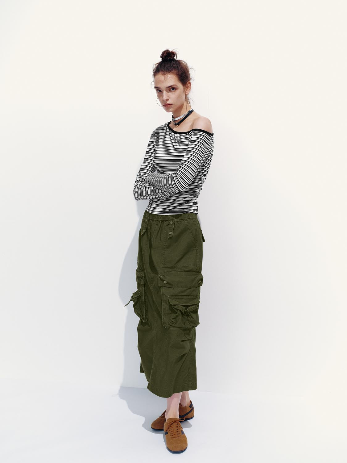 One Shoulder Long Sleeve Stripped T-Shirts