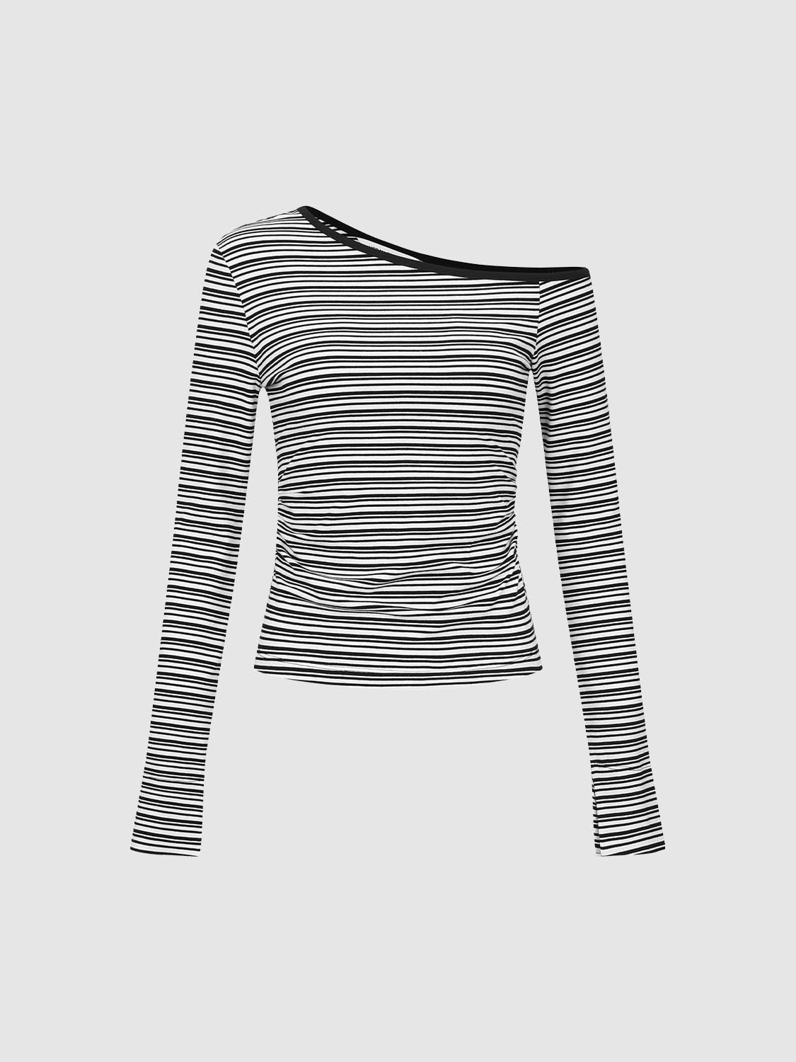 One Shoulder Long Sleeve Stripped T-Shirts