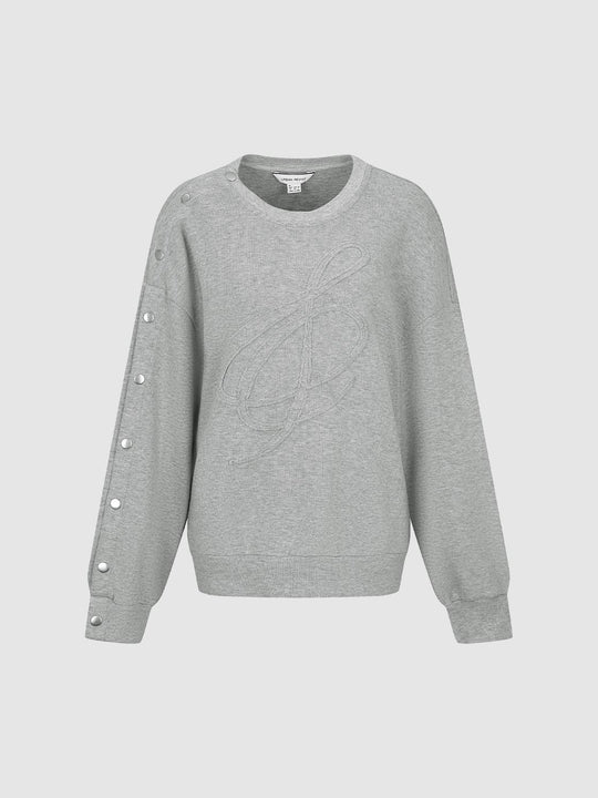 Round Neck Drop Shoulder Side Snap Button Cotton Sweatshirt