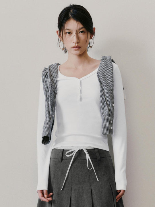 Henley Neck Slim Fit Cropped Long Sleeve Basic Top