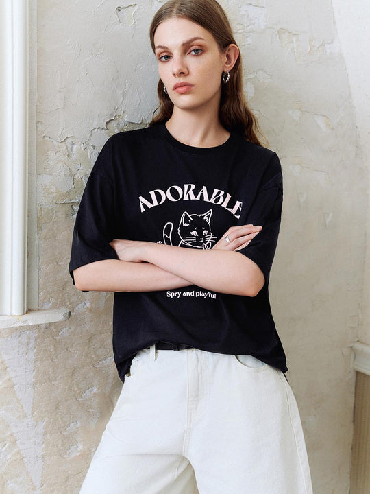 Cat Graphic Casual Top Soft Comfort Easy Care T-Shirts