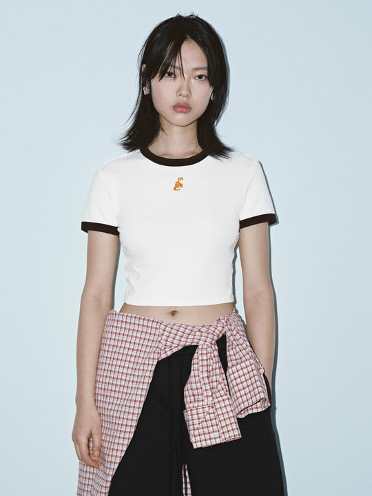 Contrast Trim Embroidered Logo Crop T-Shirts
