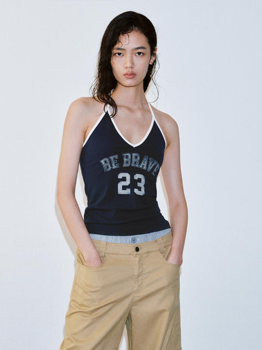Navy Cotton Halter Neck Printed Be Brave Tank Tops