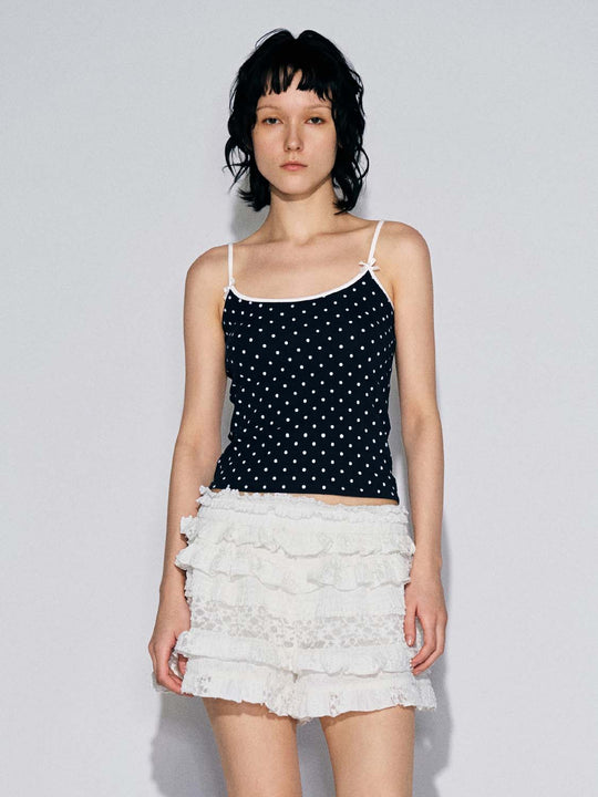 Polka Dot Bow Detail Strappy Skinny-Fit Tank Tops