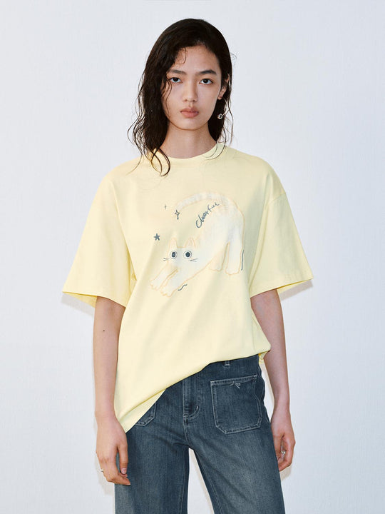 Cotton Cat Print Boxy Short Sleeve T-Shirts