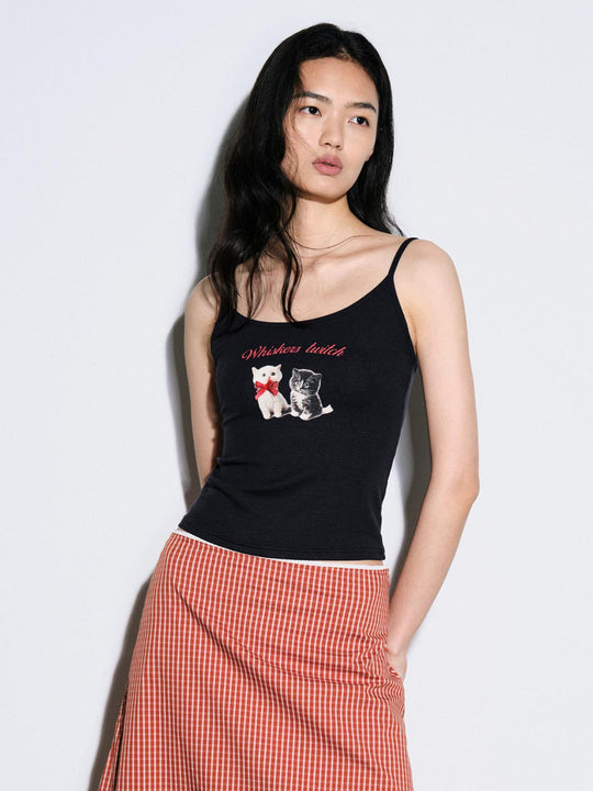 Cat Graphic Ribbed Top With Lyocell Modal Elastane Camisole