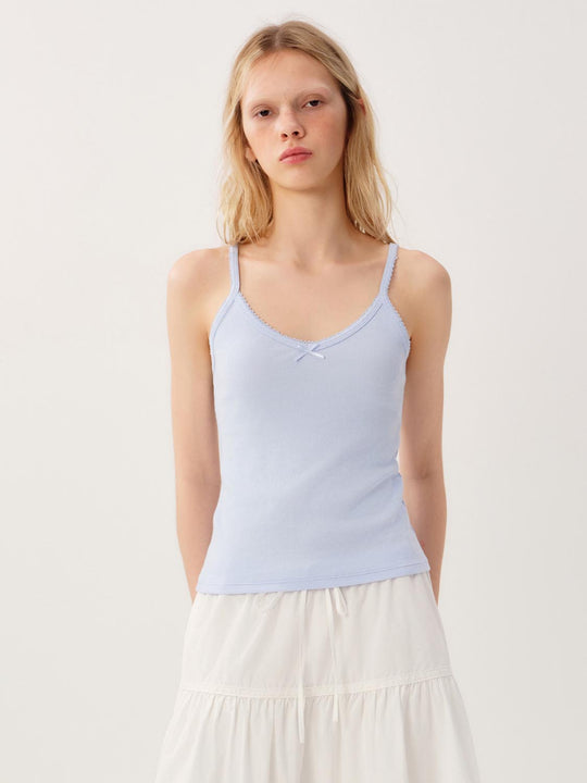Slim V Neck Lace Trim Bow Detail Spaghetti Strap Cami Top