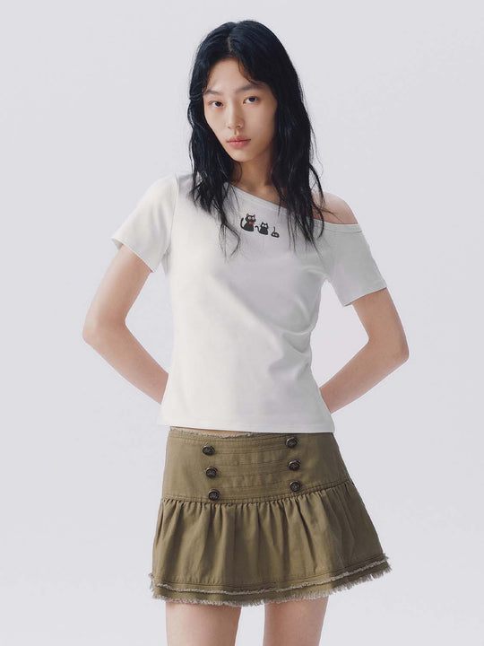 Cotton Embroidered Cat Motif On Chest T-Shirts