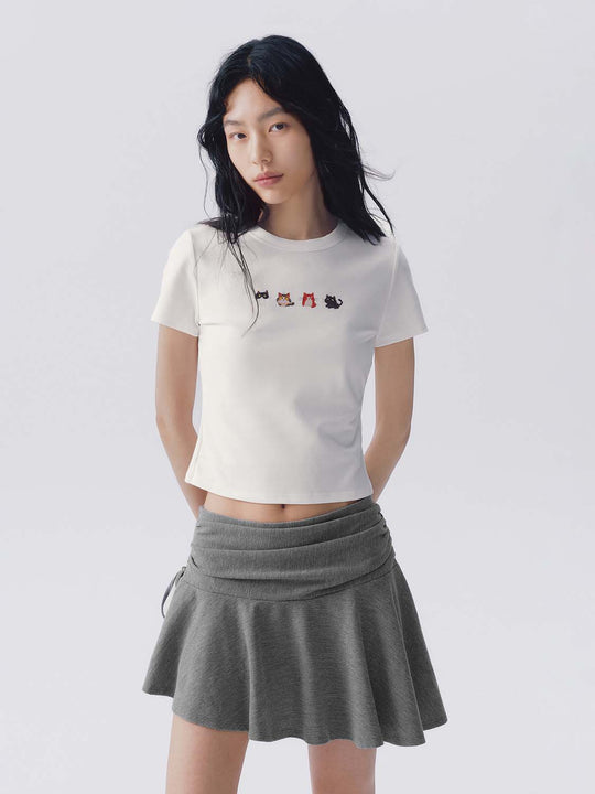 Cotton Embroidered Cat Motifs On T-Shirts