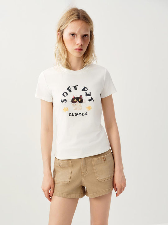 Cotton Cat Graphic With Floral Accents T-Shirts