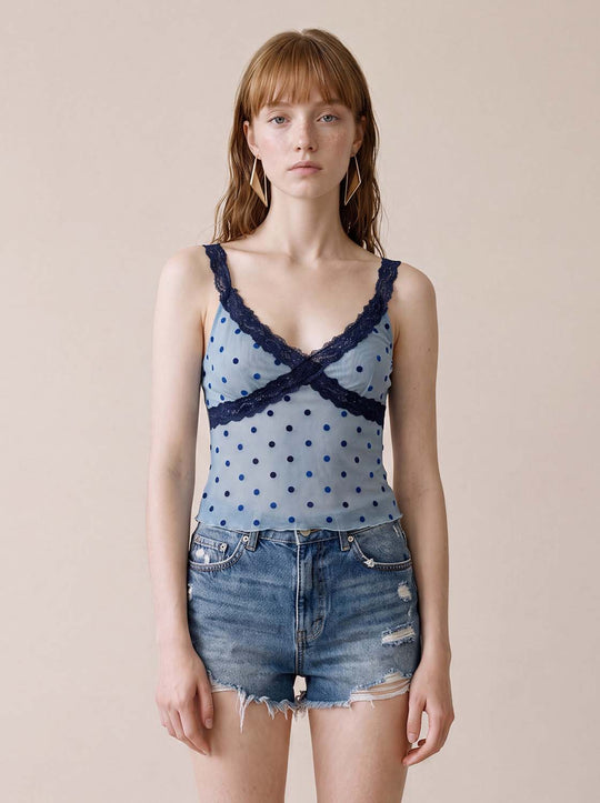 Lace Trim Polka Dot Light Blue Sleeveless Cami Top