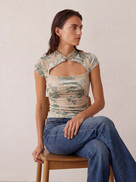 Burnt-out Floral Print Cutout Short Sleeve T-shirt