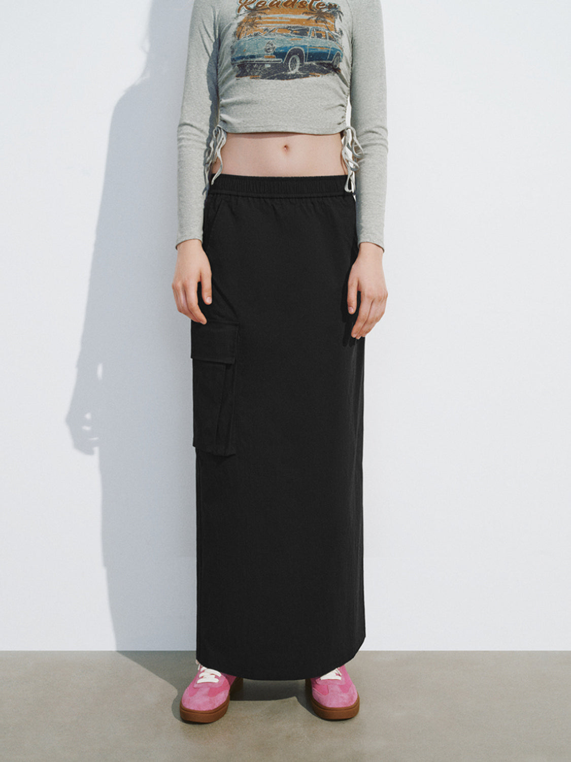 Drawstring Waist Midi Straight Skirt