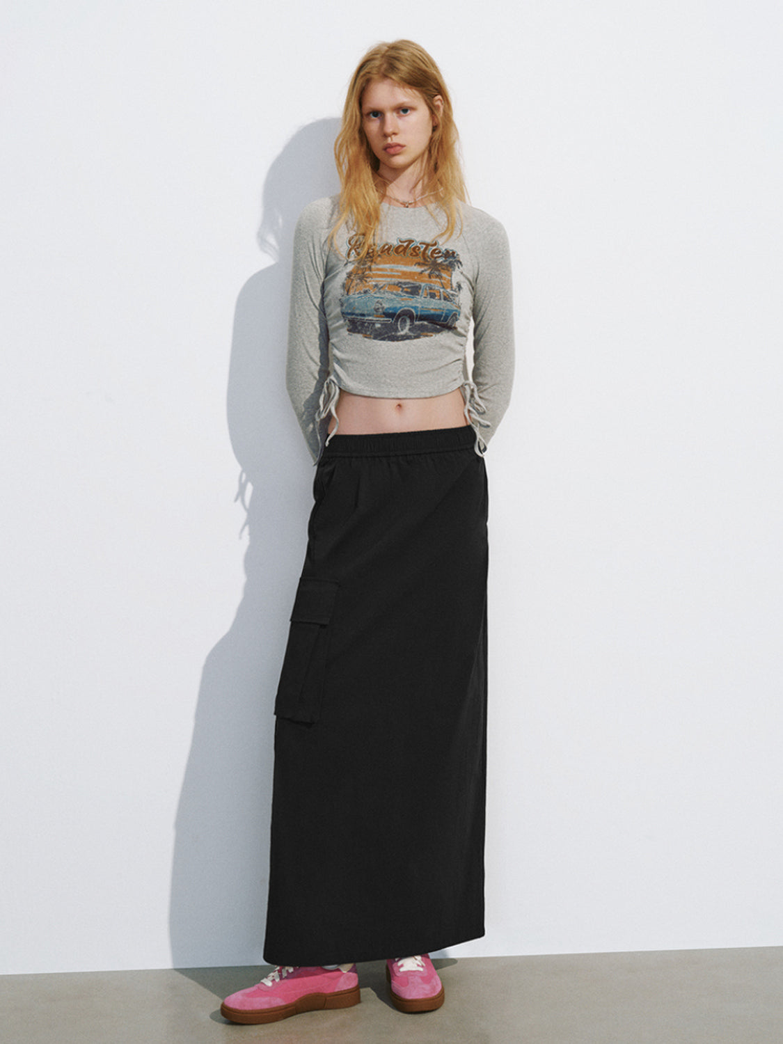 Drawstring Waist Midi Straight Skirt