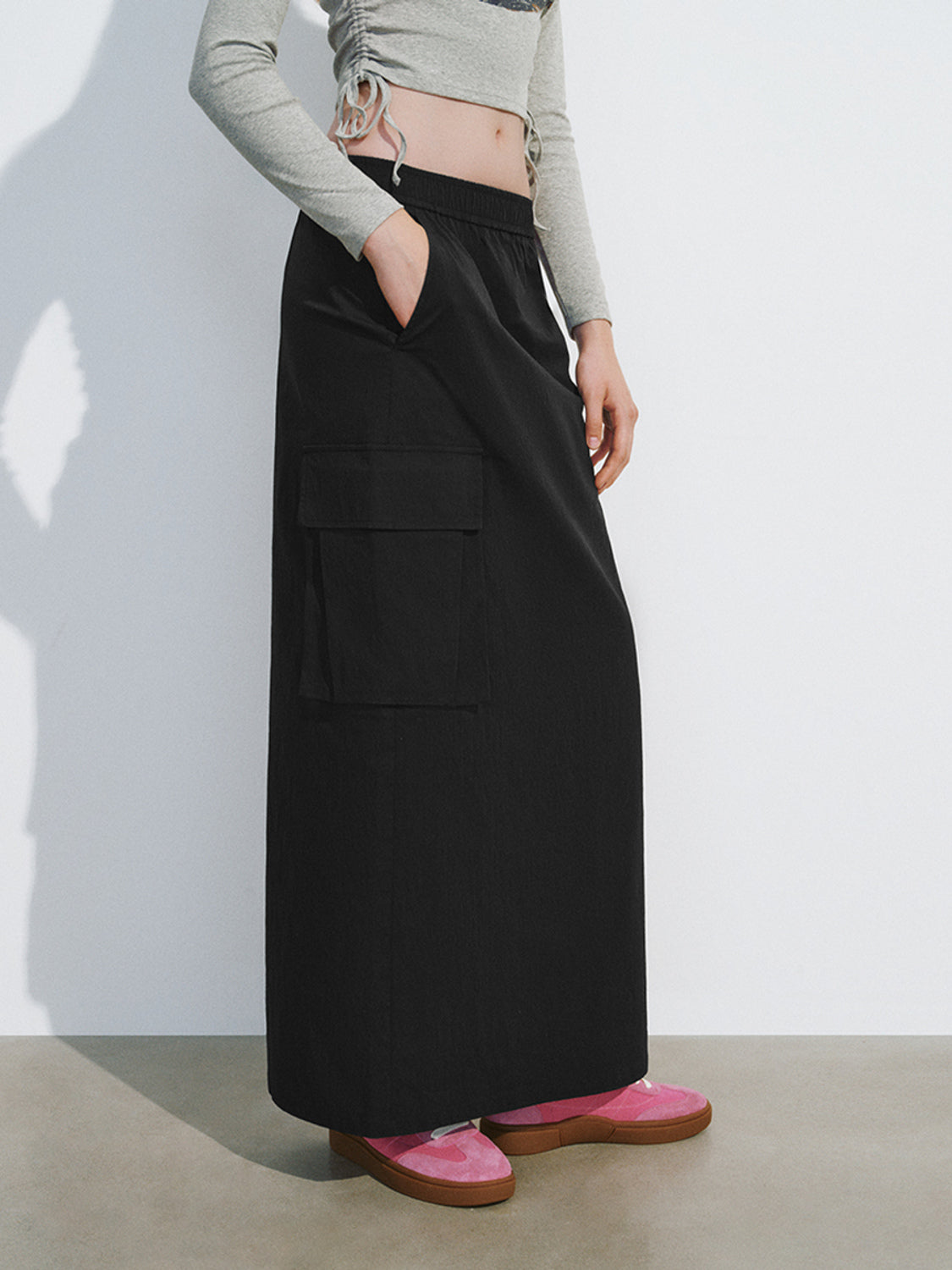 Drawstring Waist Midi Straight Skirt