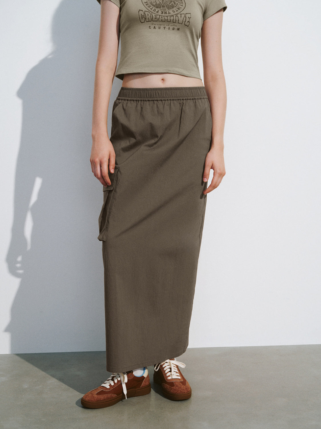 Drawstring Waist Midi Straight Skirt