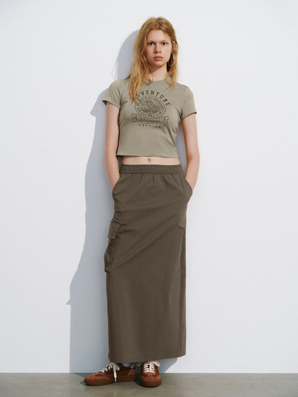 Drawstring Waist Midi Straight Skirt