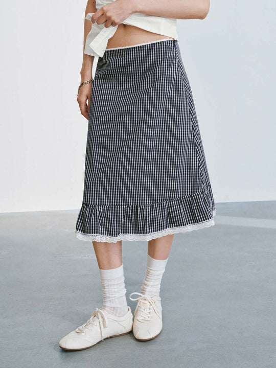 Ruffle Hem Contrast Check A-Line Midi Skirts