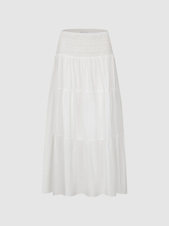 Elegant Shirred Cotton Tiered Pull-On A-Line Midi Skirts