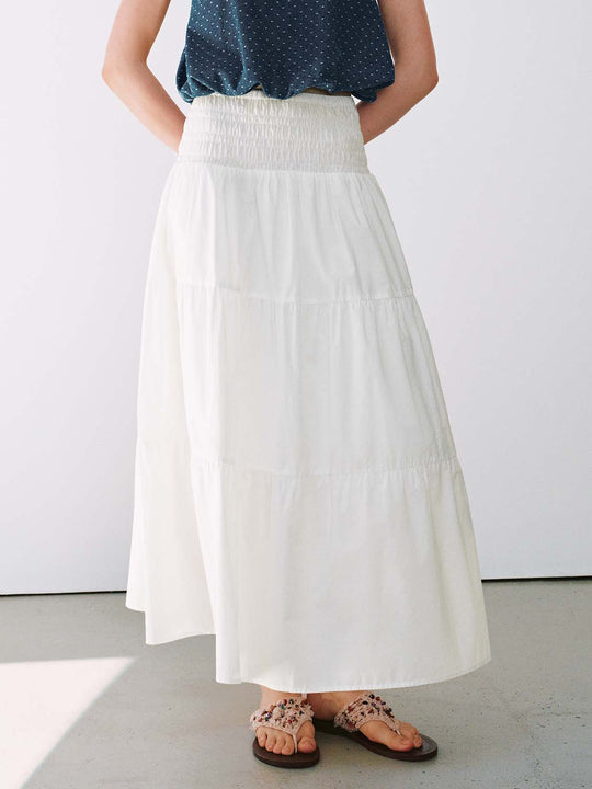 Elegant Shirred Cotton Tiered Pull-On A-Line Midi Skirts