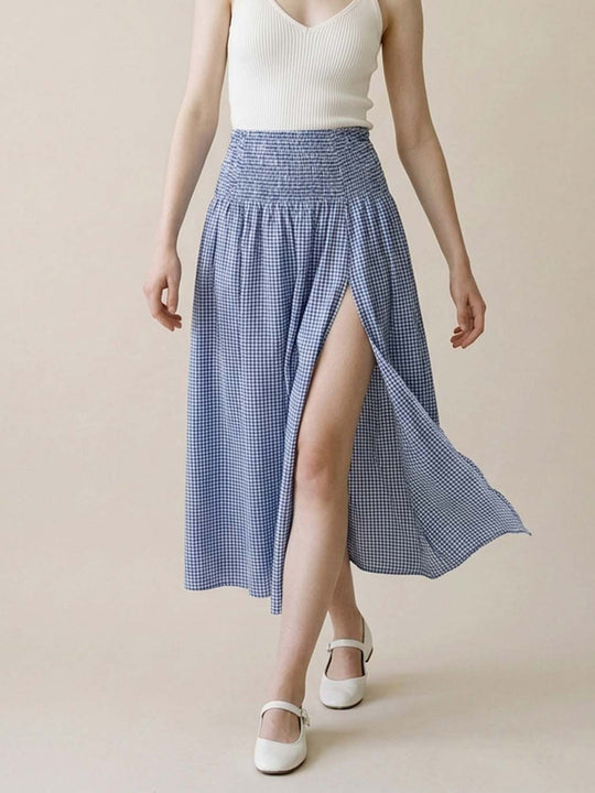 Shirred Weave Side Slit A-Line Midi Skirts
