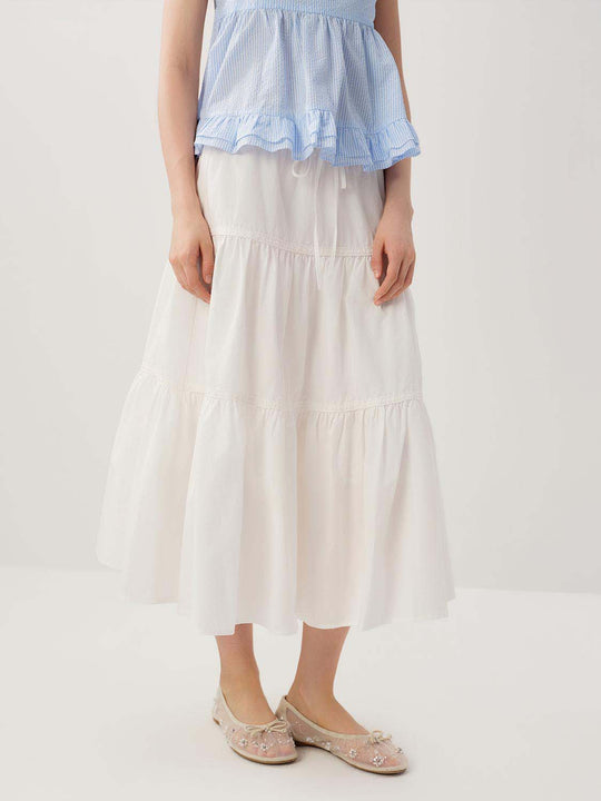 Cotton With Tiered Seams And Lightweight Non Stretch Construction For Draping Midi Skirt