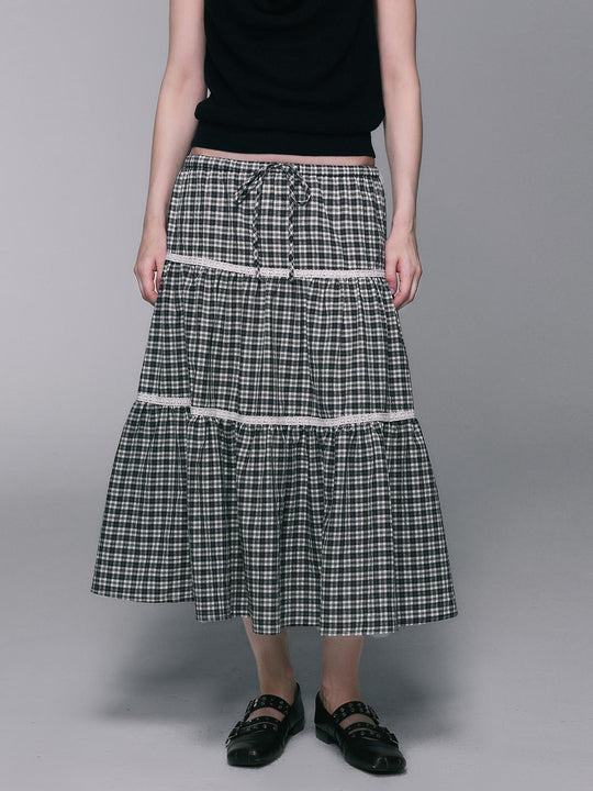 Gingham Check Two-Tier Lace Trim Drawstring Waist Subtle Detailing Skirt