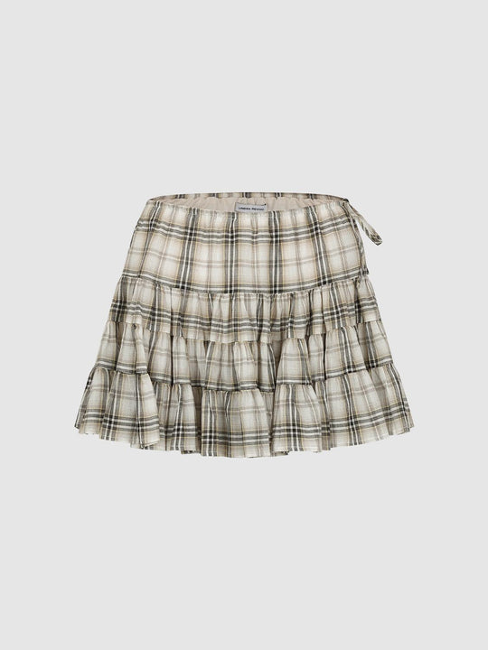 A-line Plaid Layered Ruffle Cotton Skirt